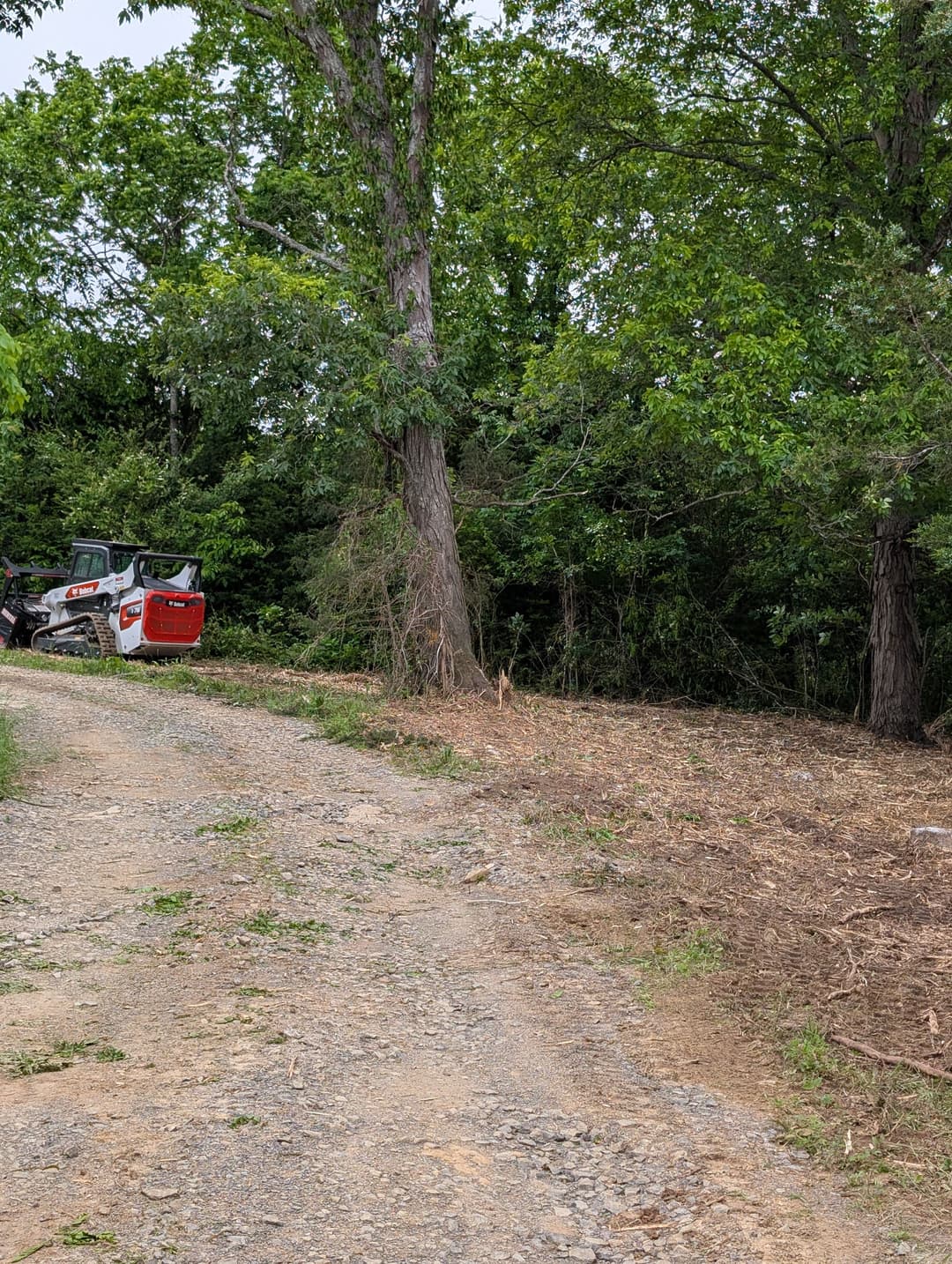 Excavator parked on gravel road surrounded by greenery and freshly cleared land.